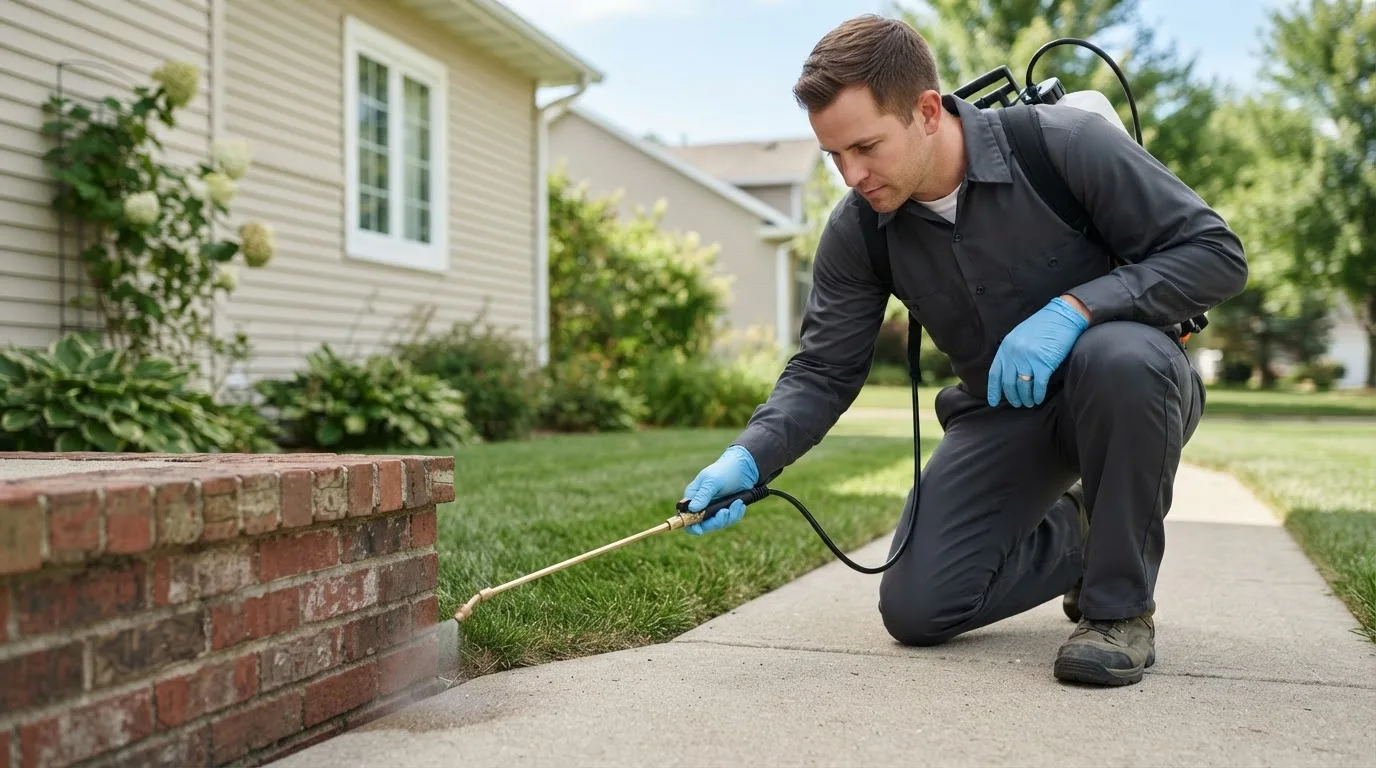 Pest control technician treating a home near Bolton, CT
